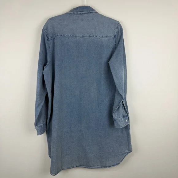 Quince Blue Distressed Denim Shirt Dress Button Front Cotton Utility Core Size L - Picture 3 of 6